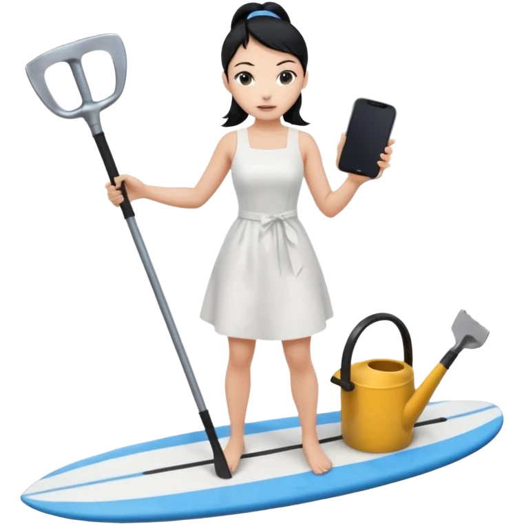 Princess who wearing white dress (woman) black ponytail hair holding her cellphone and  one garden iron shovel with another hand. there is one blue surfing board under her feet. She is looking at her phone. emoji