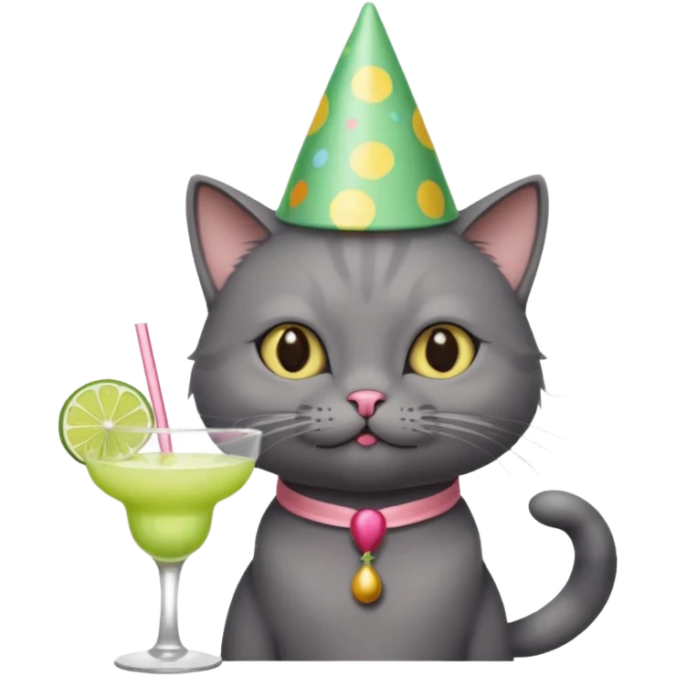 A dark grey cat is wearing a party hat, and drinking a margarita. emoji