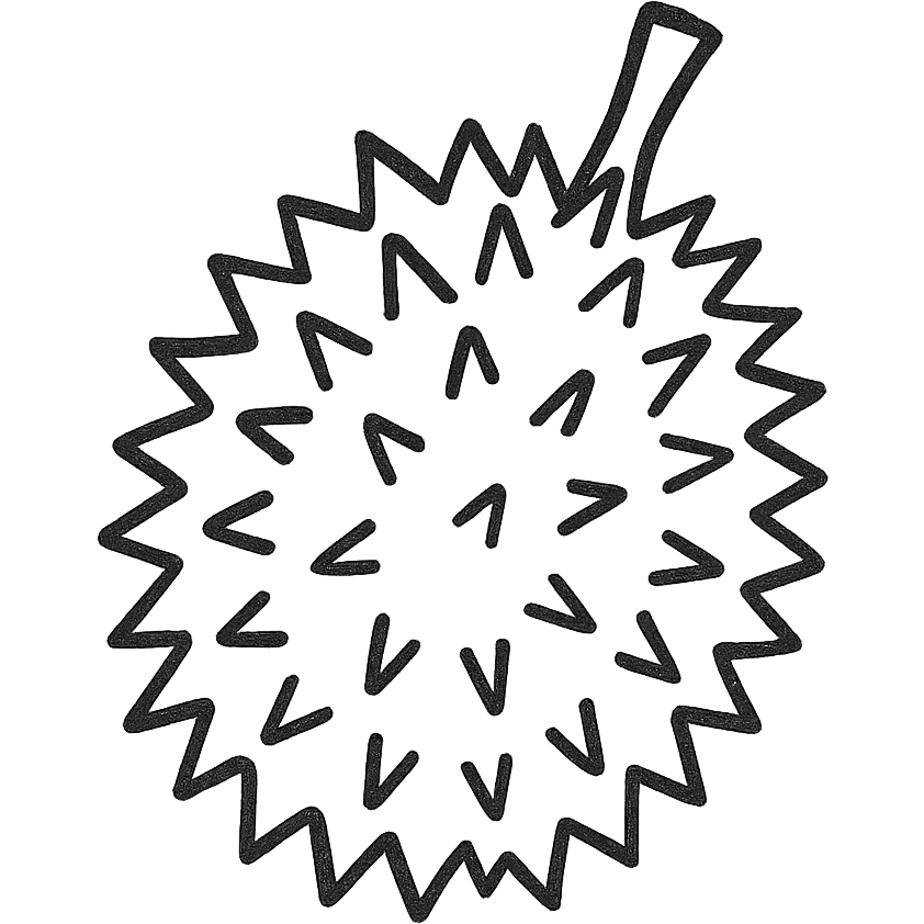 whole durian fruit, hand-drawn black outline, isolated on white background emoji