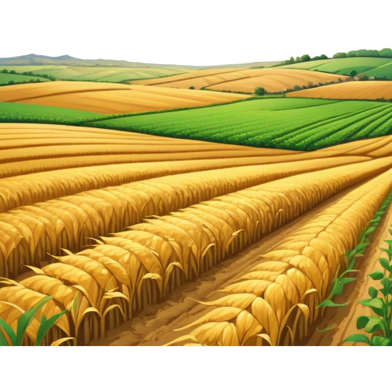 A vast, golden field stretching under a bright blue sky, with rows of crops swaying gently in the breeze. The sun casts a warm glow over the landscape, and the land is dotted with patches of green and earthy brown, creating a peaceful, rural atmosphere emoji
