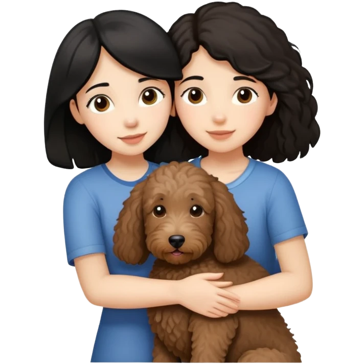 A girl with medium long black hair, hugging A little brown coated labradoodle. emoji
