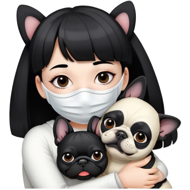 girl with short black straight bangs hair wearing a white mask and hugging a black French bulldog emoji