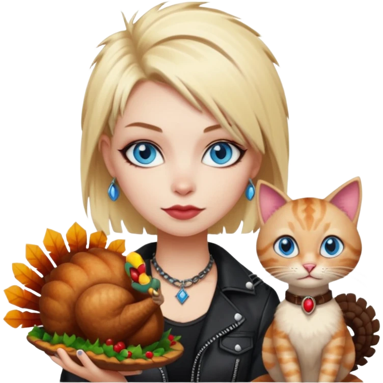 A blonde punk rocker woman with blue eyes with a thanksgiving turkey cat emoji