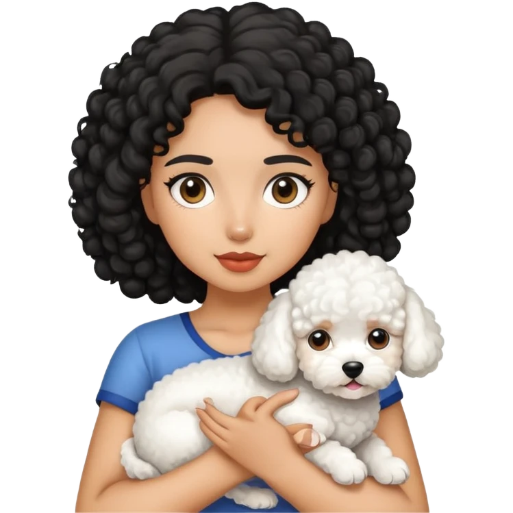 A girl with black curly hair hold a bichon dog emoji