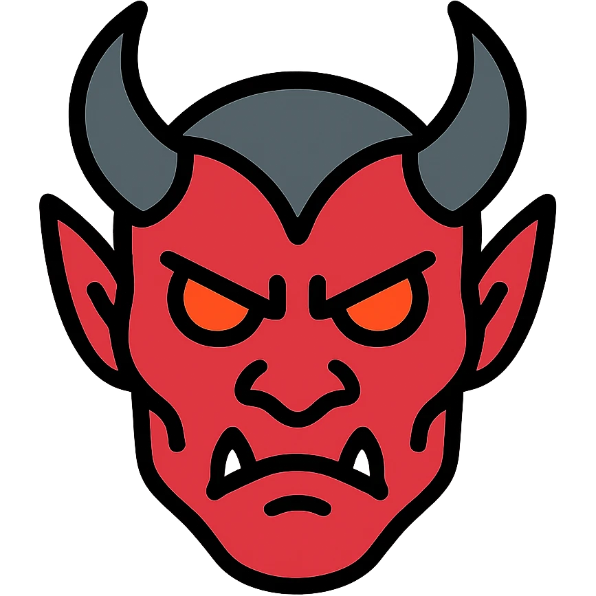 Akuma logo, demon face with red glowing eyes, fierce expression emoji