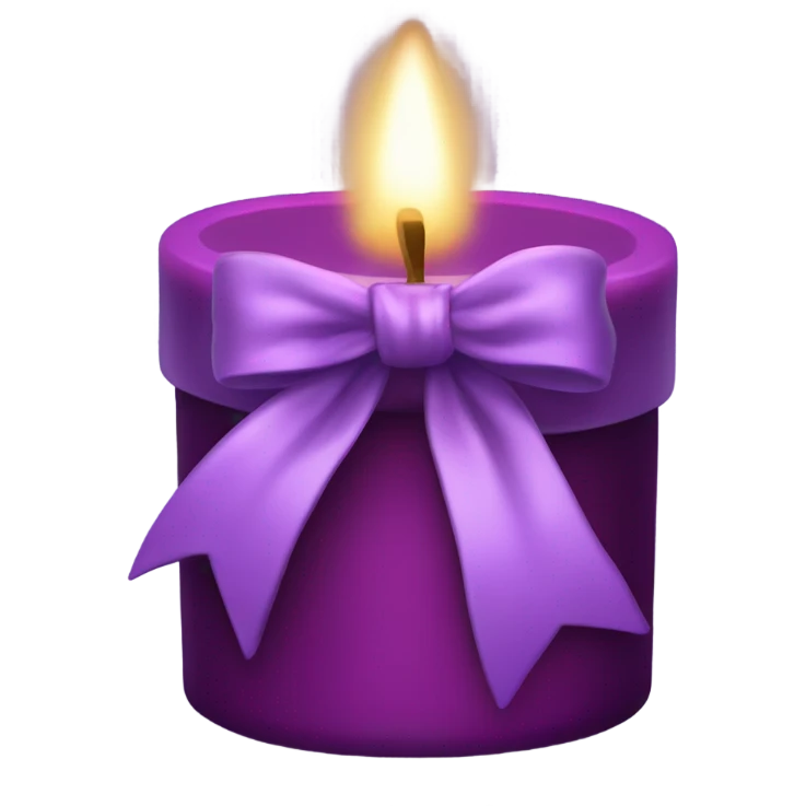 A dark pink candle wrapped with a deep lavender satin bow, glowing softly. emoji