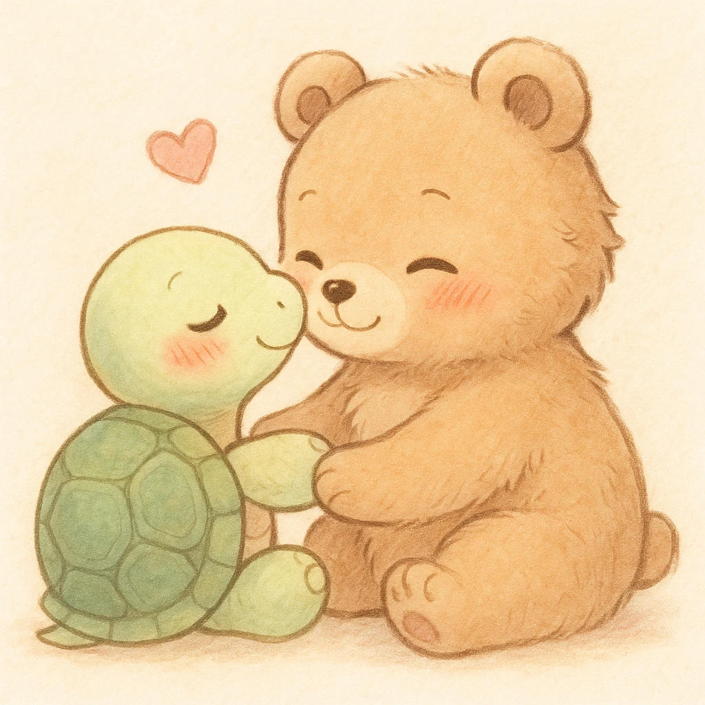 cute anime turtle and bear showing love, detailed, soft colors emoji