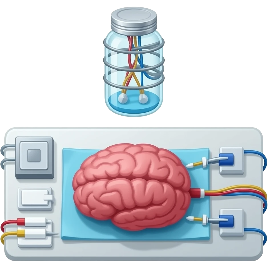 solarpunk style - a brain placed in medical preparations that is connected to an electrical circuit, a glass jar wrapped in high-voltage wires floats above the autopsy table emoji