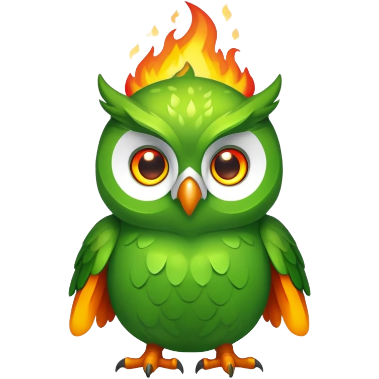 Duolingo green owl mascot with fire flames behind it emoji