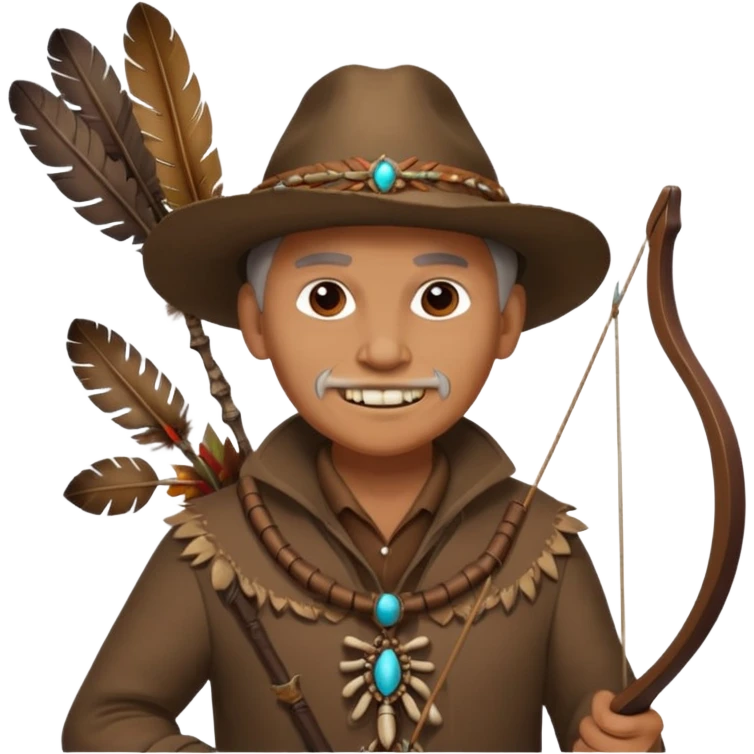 The classic image of a middle-aged uncle hunter carrying a bow, dressed in brown clothes, with some ornaments made of feathers, bones or teeth on his body. emoji