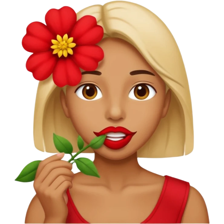 A bird carrying a red flower in its mouse  emoji