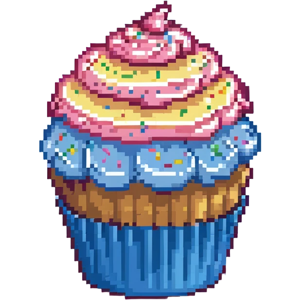 large cupcake with pink frosting, rainbow sprinkles, blue cupcake wrapper, pixel art style emoji
