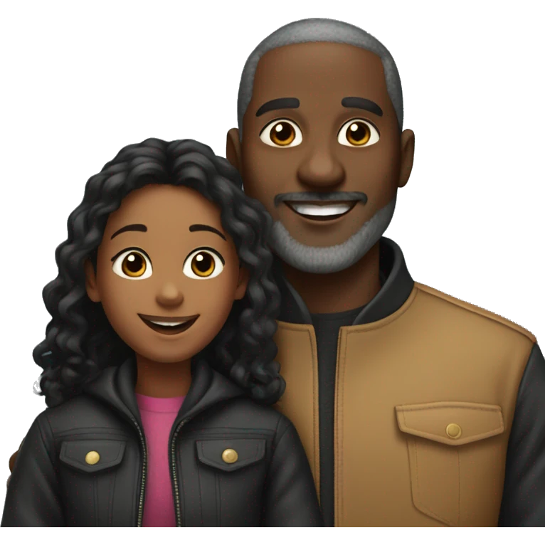 happy black dad and black daughter in stylish jackets emoji