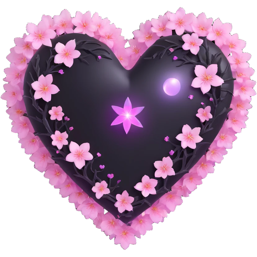 goth sakura heart, black heart with a glowing aura and sparkling sakura petals, ethereal and vibrant, no background emoji