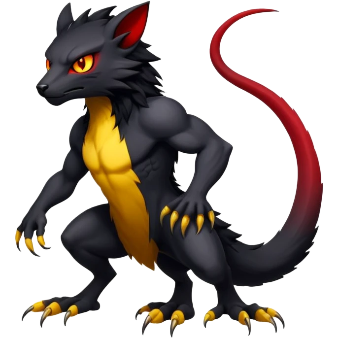 a black exotic edgy vernid-fionbr-Fakémon-creature, with red belly and yellow eyes, full body emoji