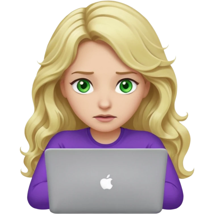 lady with long blonde wavy hair, purple top, green eyes throwing her with a laptop looking exhausted emoji