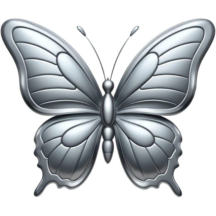 Liquid metal butterfly emoji, silver chrome material, iOS emoji style, smooth curves, reflective surface, elegant and minimal, white background emoji