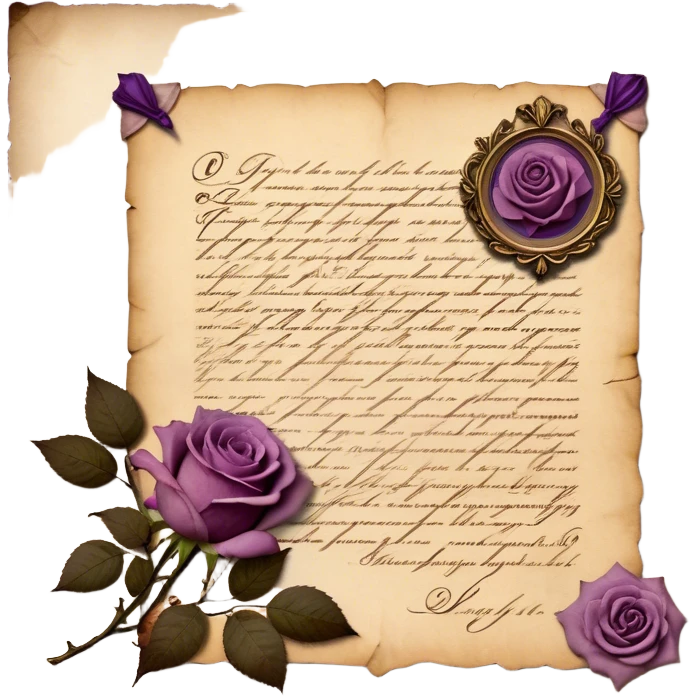 An antique handwritten letter on aged parchment, delicately adorned with dried light mauve roses, their petals slightly curled with time, resting beside it. A deep tyrian purple wax seal, intricately stamped with an ornate crest, secures the letter, evoking a vintage aesthetic of romance and mystery. The soft glow of candlelight casts gentle shadows, enhancing the nostalgic charm of the scene. emoji
