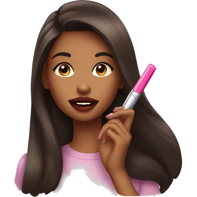 brunette girl putting lipgloss on her lips emoji