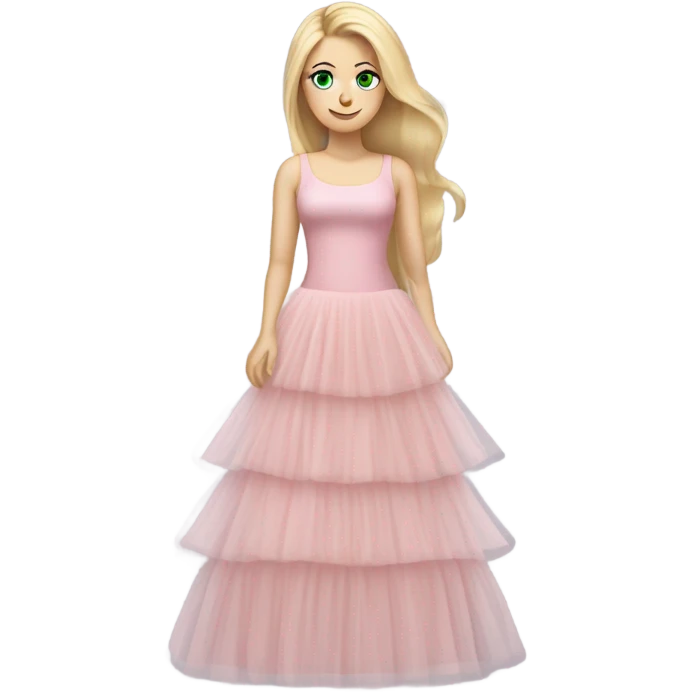 Realistic White woman with Long blonde straight hair and green eyes, full body wearing Long soft pink tiered tulle dress, isolated emoji