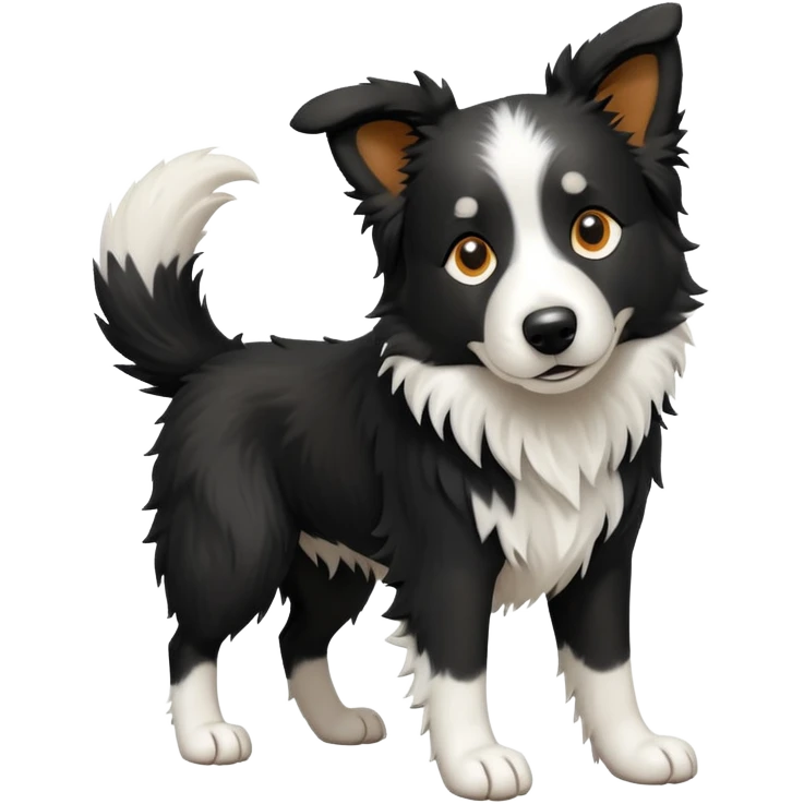 cinematic-[border collie dog]-realistic-full-body-sitting-emoji,-tail-resting-loosely-beside-its-paws,-head-tilted-dramatically,-scruffy-[black and white]-fur,-simplified-yet-realistic-focused-features,-highly-detailed,-glowing-with-an-almost-sarcastic-glow emoji
