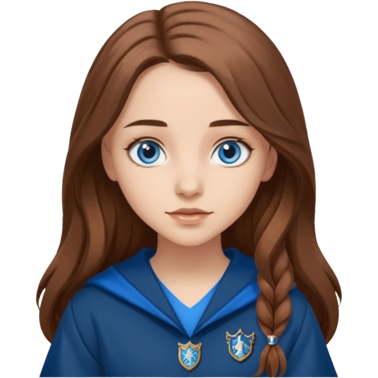gorgeous Girl with light skin, blue eyes, long brown hair, wears a ravenclaw outfit emoji