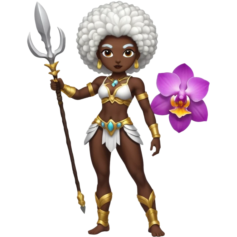 full body dark skin woman white hair afro muscular build orchid warrior spirit emoji