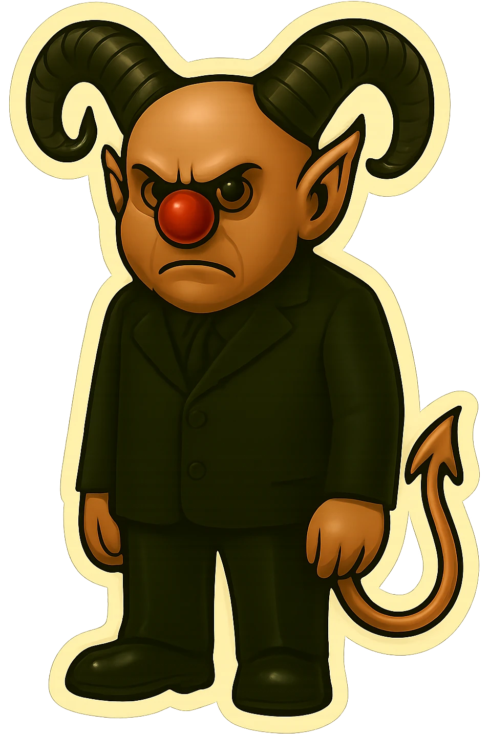 Evil clown wizard in retro sticker style, transparent background, wearing an all black suit with no pentagrams, using the face, horns, and tail from the reference image. He has a frown and never smiles. Pose: standing with arms at sides, clean modern sticker look. emoji