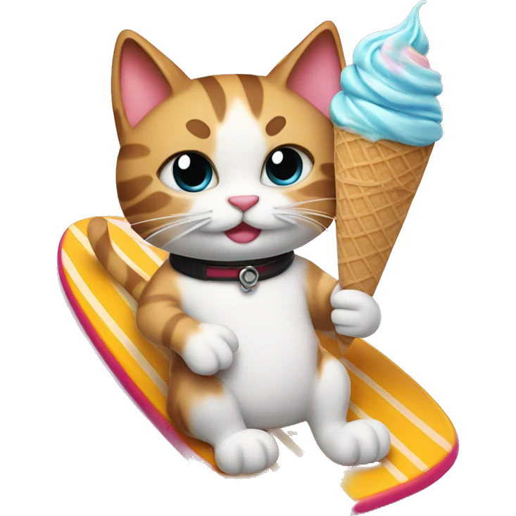 A cat on surfboard with ice cream emoji