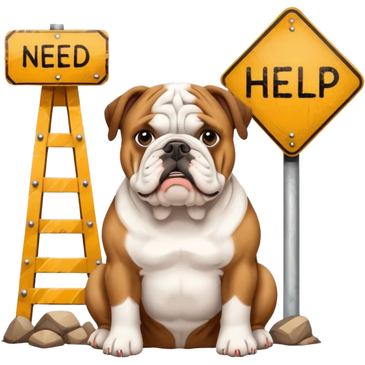 english bulldog sitting beside a 'need help' sign emoji