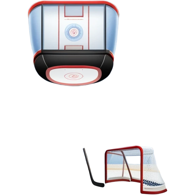 An icon showing a hockey stick, puck, skates, and goalposts on the ice. The background features a large hockey stadium with cheering fans, bright lights, and a snowy landscape visible through the arena. Transparent background highlights the main hockey equipment and atmosphere. emoji
