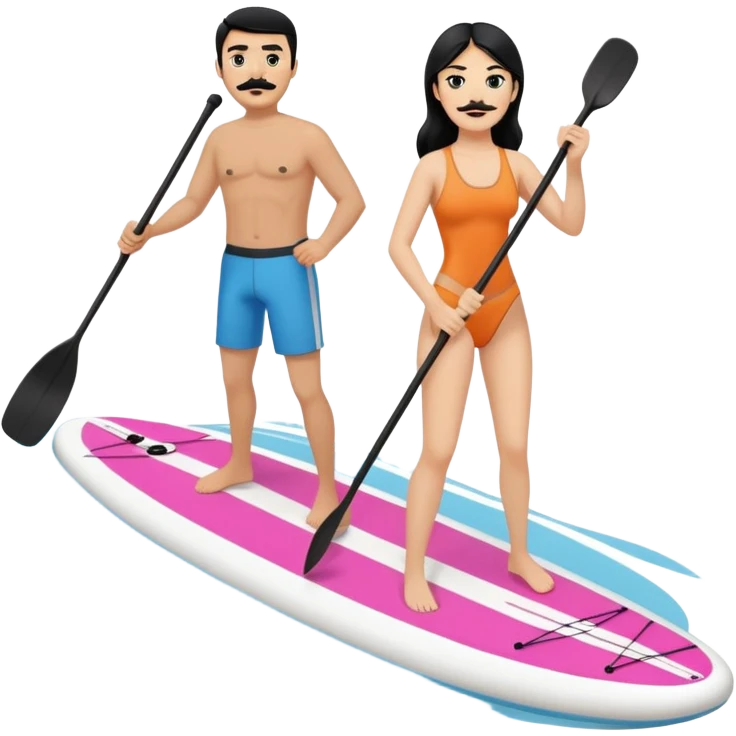 Make a couple paddle boarding both white skin and black hair and the guy has a black mustache, both using the same paddle board emoji