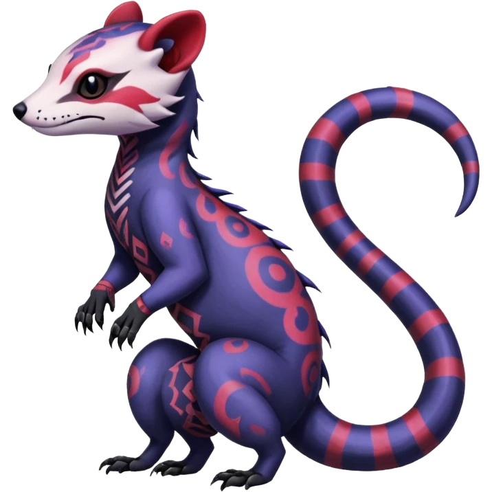 Rare warm-colored exotic gloomy tropical edgy cute epic aesthetic spooky indigo violet white black red gothic colorful Salandit-Noibat-Civet-species-Fakemon-hybrid-creature, with tribal tattoo markings, full body emoji