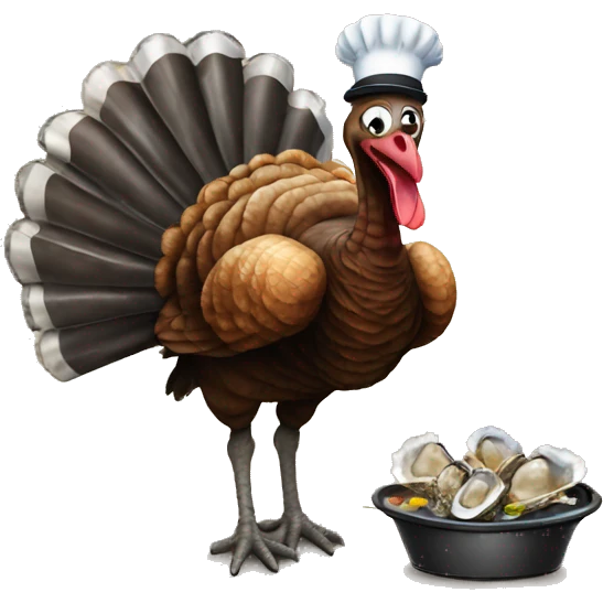 Standing crazy Turkey next to blackened toast and oysters emoji