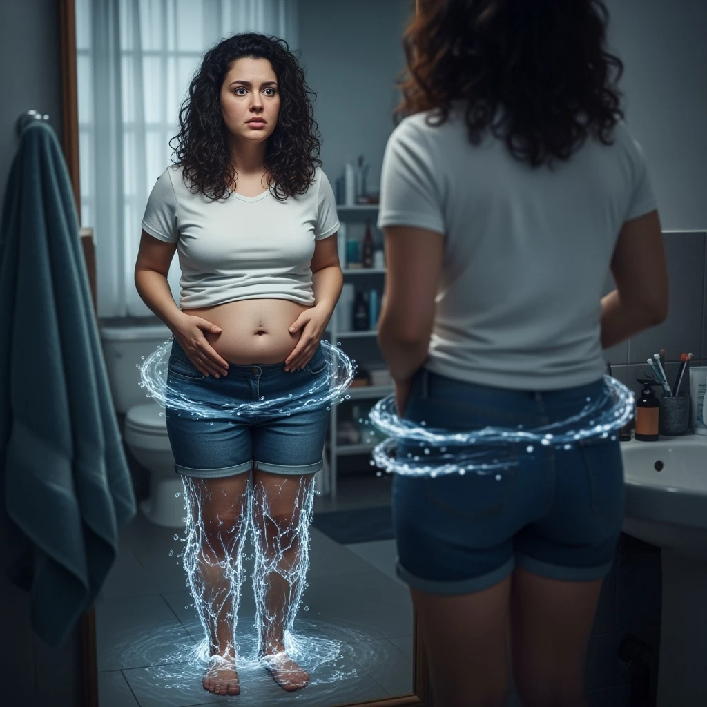 A woman in her 30s standing in front of a mirror, looking concerned. Her face is slightly puffy, and her abdomen and ankles show visible swelling. Transparent bluish water-like textures subtly wrap around her legs and midsection, symbolizing fluid retention.  emoji