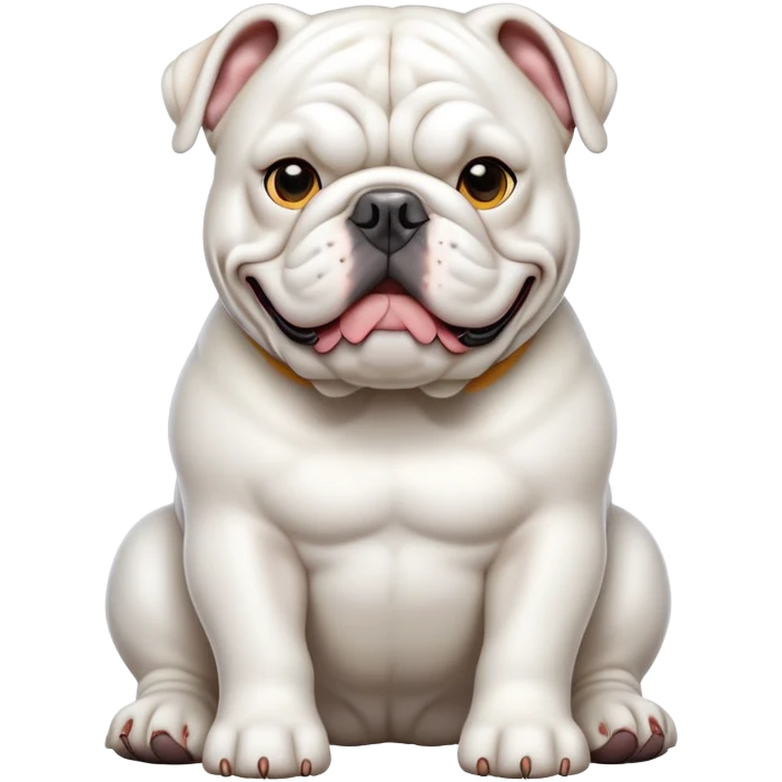 cinematic-[solid white english bulldog]-realistic-full-body-sitting-emoji,-tail-resting-loosely-beside-its-paws,-head-tilted-dramatically,-sleek-[solid white]-fur,-simplified-yet-realistic-focused-features,-highly-detailed,-glowing-with-an-almost-sarcastic-glow emoji