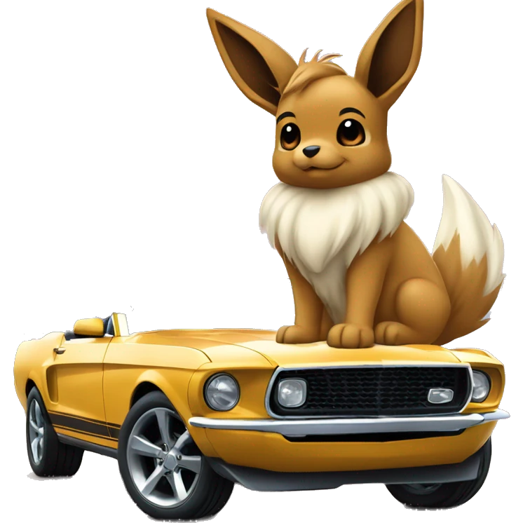 Eevee sitting next to a mustang the mustang is bigger than Eevee, in the background is the world behind them  emoji