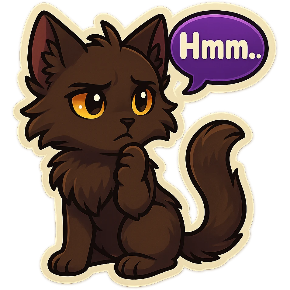 a dark-brown fluffy cute kawaii anthropomorphic furry anime cat-furry with tufted ears, golden eyes, and a long thin tufted tail, thinking, frowning thoughtfully, saying “Hmm..” with a purple speech bubble, (cartoon style) (cute anime style) (furry style) (deviantArt style) (artist style: Kamirah) emoji