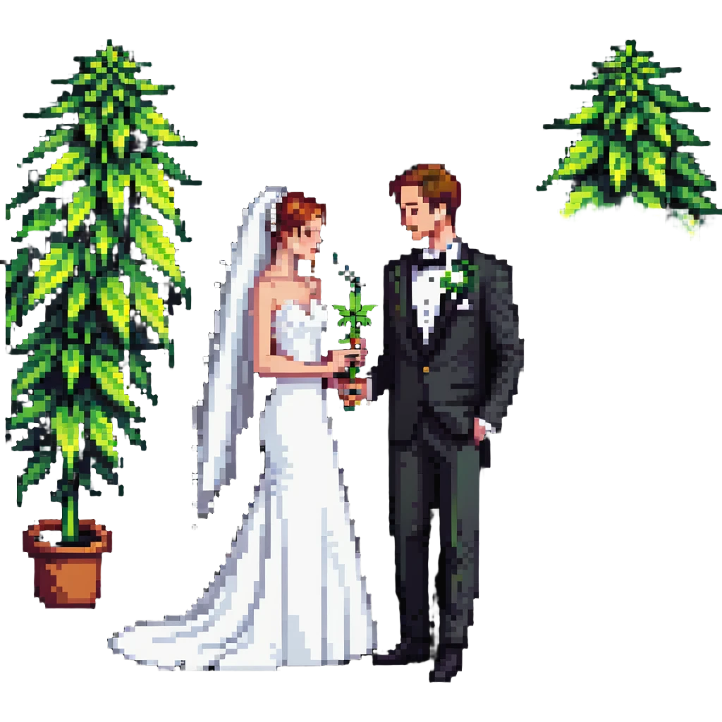 A bride in white wedding dress and groom in tuxedo, full body, sharing cannabis, wedding couple emoji