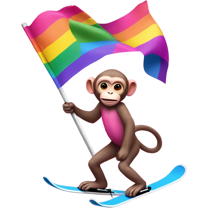pink monkey on skis holding a pride flag emoji