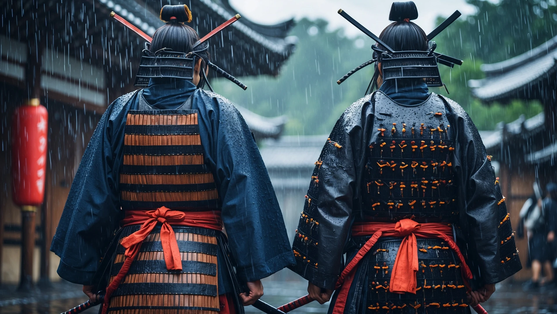 A cinematic scane of a two japan samurai ready to fight during rain, deph composition, tense atmosphere, shot by arri alexa emoji