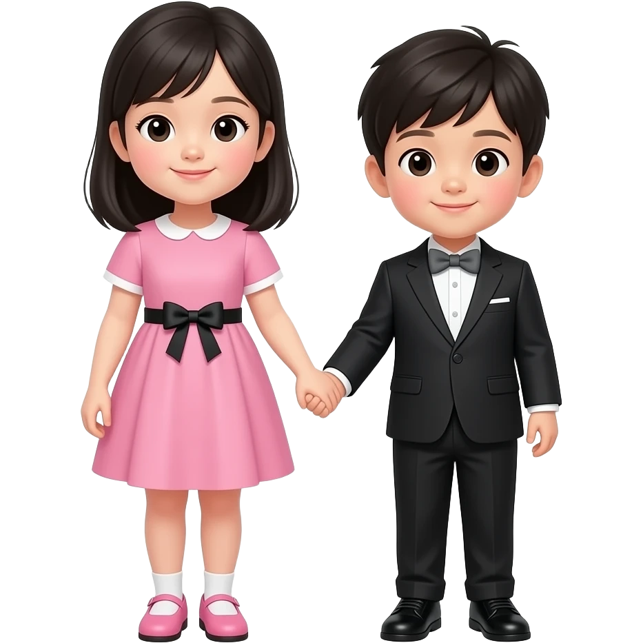 한국인 남매(7세 누나와 3세 남동생)가 손잡고 정면을 바라보고있어. 누나키가 훨씬 크지. 동생은 누나의 팔꿈치까지의 신장이야. 둘다 상꺼풀이 없고, 누나는 분홍 원피스에 검정리본이 장식되어 있는 원피스를 입고 분홍구두를 신고있어. 머리는 검정색 가슴기장으로 묶지 않고 있어. 오른쪽 남동생은 검정 정장을 입고 회색 나비넥타이를 매고 있고 검정 구두를 신고 있어. emoji