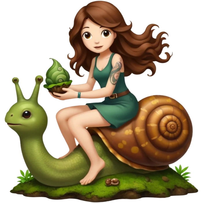 cute woman long wavy brown hair tattoos riding moss snail emoji