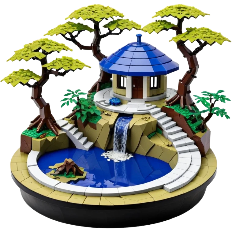 Crashed Alien saucer pool-house Lego jungle winding staircase lakeside mountainside-island getaway haunted nighttime landscape antique mudman very old broken cracked intricate Stone Age lapis-crusted irregular dodecagon-shaped shallow dark moss rough bark violet flowered maple tree bonsai emoji