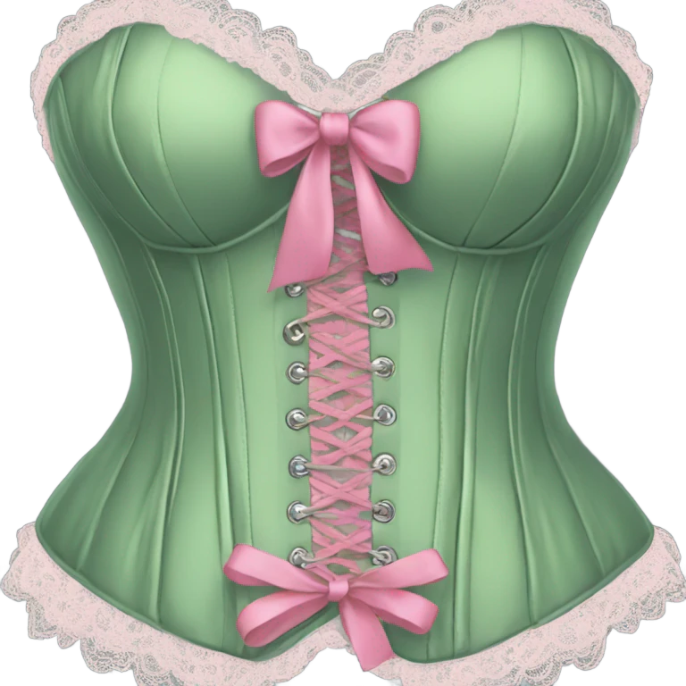 Sage green corset with pink lace and bows, isolated emoji