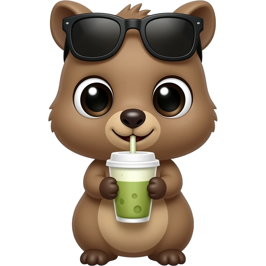 Cute quokka drinking a matcha latte with her little to hands. Show only the upper bodies of quokka, without legs. On her head, there are black sunglasses. Make sure that sunglasses are not on her eyes but on her hair. Her eyes are big and cute. emoji