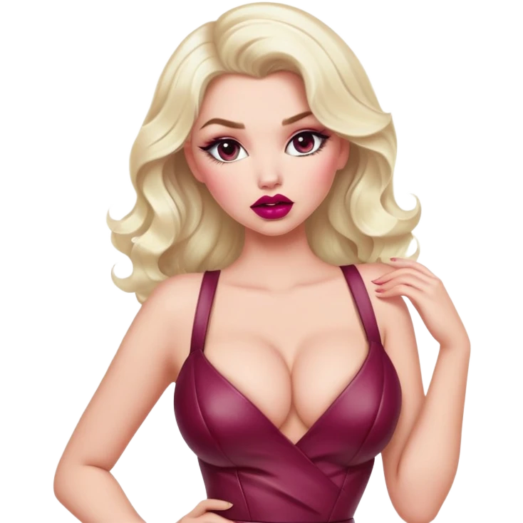 gorgeous woman with platinum wavy blonde hair with big puffy pouting burgundy lips, makeup, wearing a pink leather dress with cleavage, swaying her hips emoji