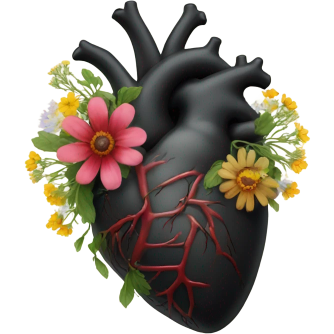 black anatomical heart with wildflowers emoji