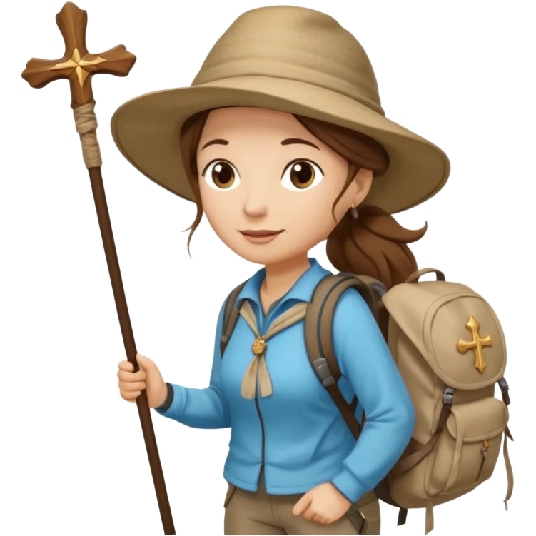 Middle aged women, long brown hair in ponytail with wide brim hiking hat. Walking with backpack and trekking poles. Backpack gas a scallop shell with the cross of saint james hanging from it. She is a pilgrim on the Camino Frances on her way to Santiago de Compostela emoji