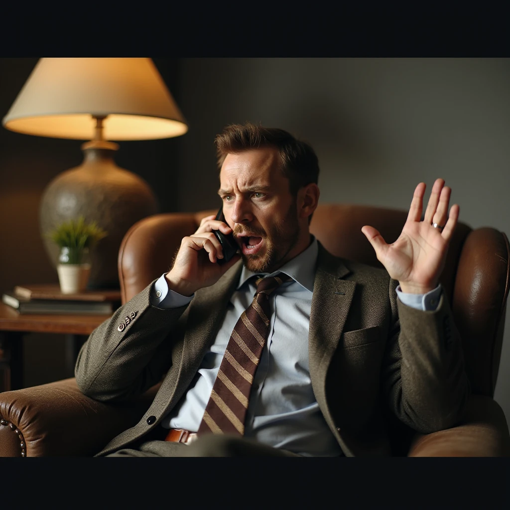 Hyperrealistic 4K image of a man complaining on the phone, theatrical expression, exaggerated gestures, sitting on an armchair, domestic atmosphere, highly detailed. emoji